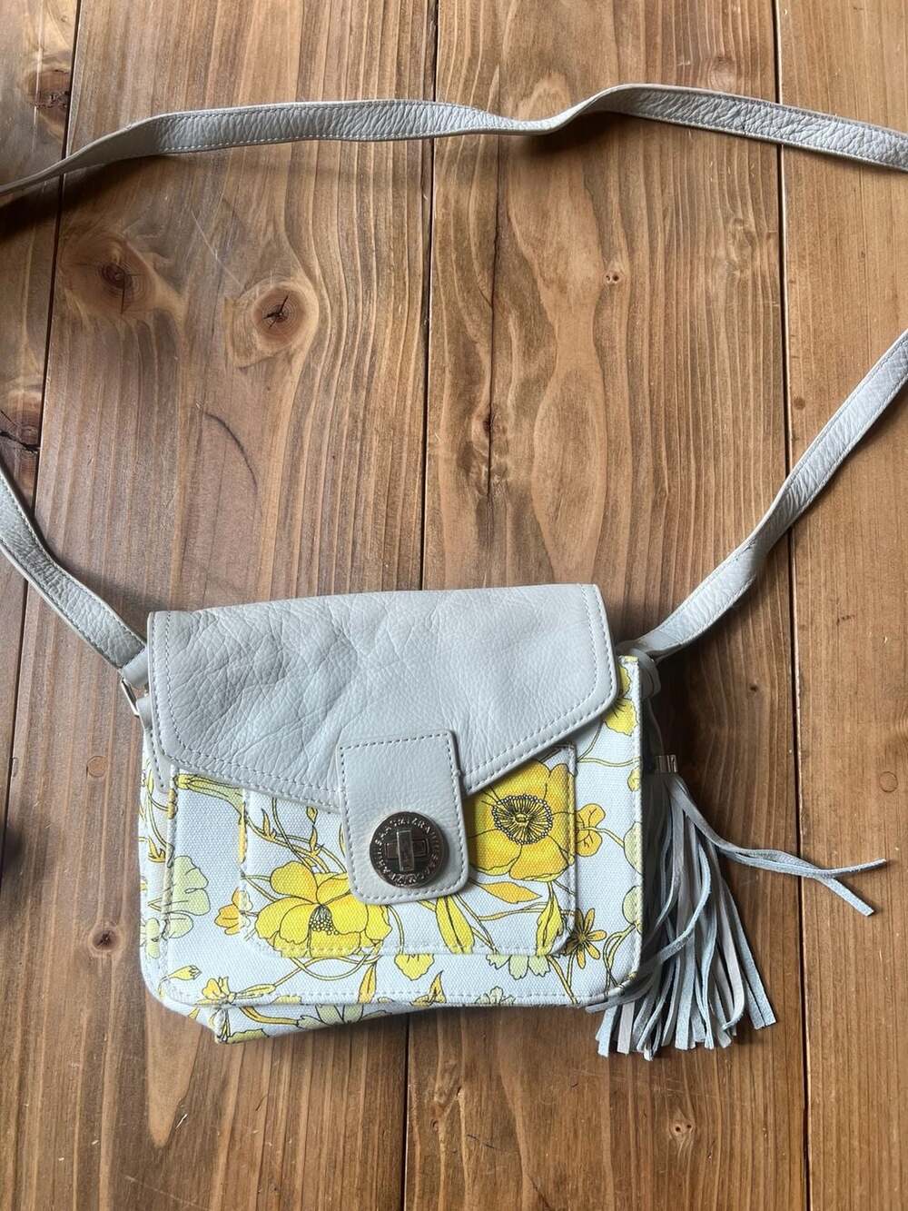 Isaac Mizrahi Live Floral Canvas and Grey Leather Crossbody Bag with Tassel